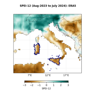 A figure showing the 12-month SPEI in July, 2024 over Italy (left). The study regions- the islands of Sicily and Sardinia are outlined in dark blue (right).