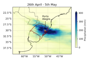 A graph showing the 10-day accumulated rainfall, representing a succession of 3 rainfall event over Rio Grande do Sul, the southernmost state of Brazil, in late April and early May 2024.
