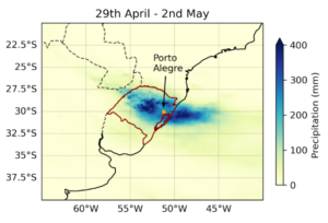 A graph showing the 4-day accumulated rainfall over Rio Grande do Sul, the single largest multi-day pulse of rainfall in the southernmost state of Brazil, in late April and early May 2024.