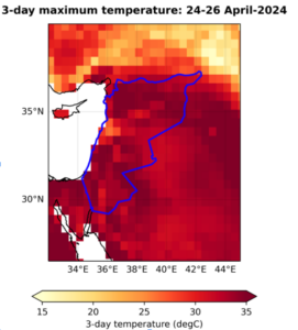 Figure 1: 3-day average daily maximum temperature for the period 24 - 26 April 2024 (a) 15-day average daily maximum temperature for the period 15 - 29 April 2024 (b). The blue outline in a) and b) show the respective study regions.