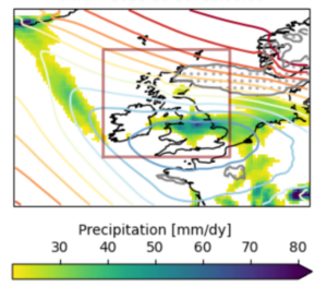 Figure 2. Storm Babet on 20 October 2023 (contours of mean sea level pressure from low pressure in blue to high pressure in red), with precipitation greater than 20 mm/day (colour shading) and region meeting SSI criterion, i.e. winds in excess of the 98th percentile of daily mean Oct-Mar wind speed of years 1991/92 - 2020/21 (contoured in grey, with stippling, for SSI>0). The main study region (50N-61N, 11W-2E) is shown as a box surrounding the UK and Ireland. Source: ERA5.