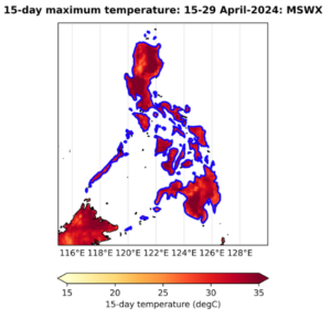 Figure 1: 3-day average daily maximum temperature for the period 24 - 26 April 2024 (a) 15-day average daily maximum temperature for the period 15 - 29 April 2024 (b). The blue outline in a) and b) show the respective study regions.