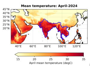Figure 2: April mean temperature 2024. The blue outline shows the region with the most extreme heat in South Asia.