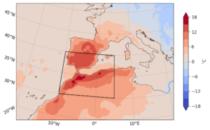 A map of Europe and Northern Africa shows the temperature anomaly respect to 1991-2020 averaged over 26-28 April 2023.