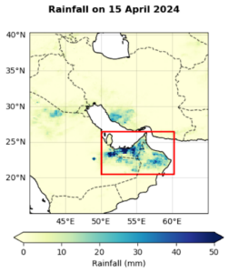 A graph showing 24 hour rainfall on 15 April in MSWEP observational data product. A red box indicates the study region.