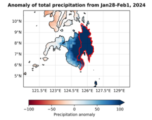 A graph showing Total precipitation over the region encompassing Mindanao (4-11N, 120-130E) during 28 Jan-1 Feb, 2024. The study region comprising the Caraga and Davao regions is outlined in red. (b) same as (a) showing the anomaly w.r.t 1990-2020 period.