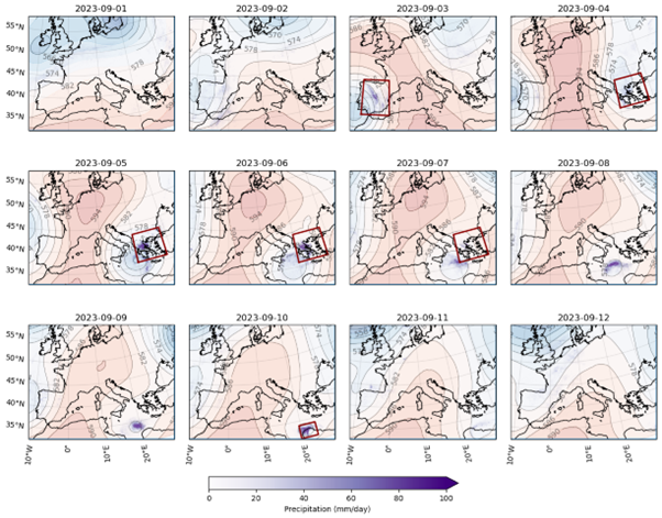 Maps on a graph showing 500 hPa geopotential height from September 1st-12th 2023, with daily accumulated precipitation overlaid