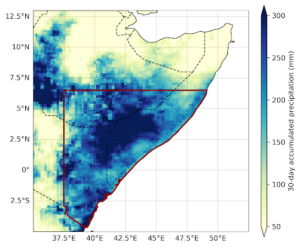 A graph showing October- November 30-day rainfall accumulation over the Horn of Africa . Shows the maximum of 30-day cumulative rainfall from October to November 2023 over the region that experienced highest flood-induced impacts.
