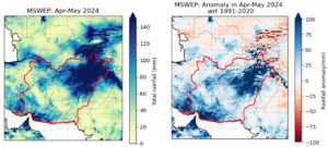 A figure showing Observed total accumulated precipitation during April-May 2024. A red highlight shows the study region comprising the most impacted regions. (right) same as (left) showing the anomaly w.r.t 1991-2020 period. [Data source: MSWEP]