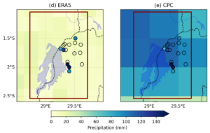 Figure showing Precipitation on May 2nd 2023 over the Lake Kivu region in five gridded data products: (a) TAMSAT, (b) MSWEP, (c) CHIRPS, (d) ERA5, (e) CPC.